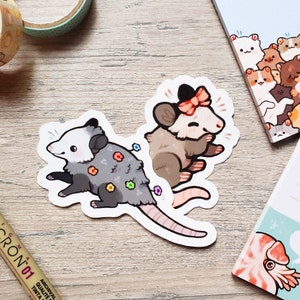May include: Two cute cartoon opossums with big eyes and fluffy tails. One opossum is wearing a red bow and the other is covered in colorful flowers.