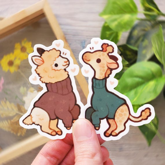 Cozy Alpaca and Giraffe Sticker Set of 2, Cute Animal Vinyl Stickers for Water Bottles & Laptops, Best Friend Gift for Her