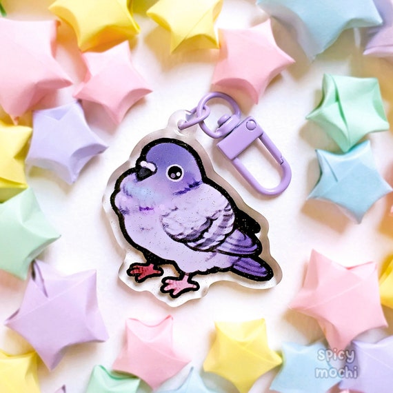 Fluffy Pigeon Acrylic Keychain / 2in Glitter Double-Sided Bird Charm / Cute Animal Acrylic Keychain / Gift for Bird Lover
