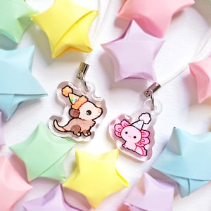 Mini Party Possum and Axolotl Keychain Set / 1in Glitter Double-Sided Acrylic Animal Phone Charms / Possum and Axolotl Lover Gift