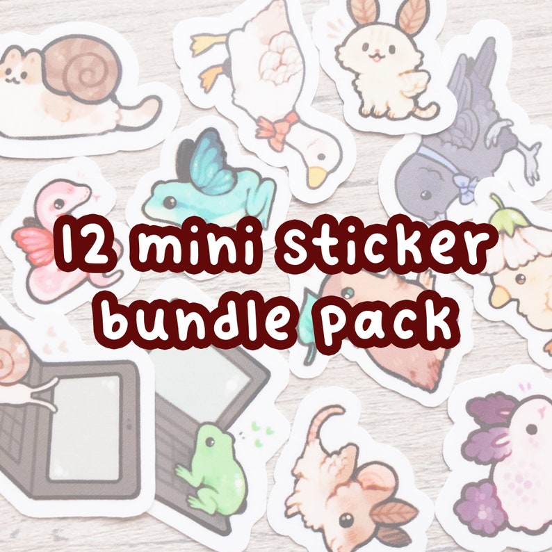 12 Mini Sticker Bundle Pack / 12 Mini Sticker zu einem reduzierten Preis / Niedliche Tier Sticker / Laptop Sticker / Vinyl Sticker Bild 1