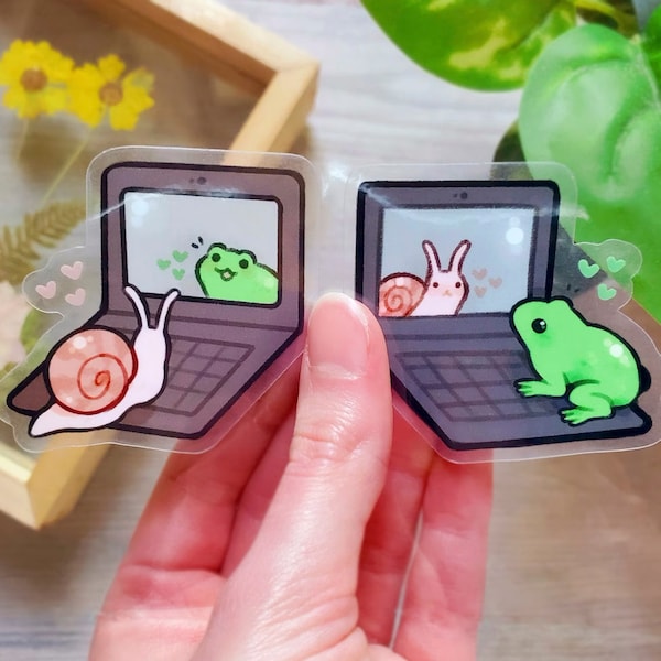 Date Night Clear Sticker Set of 2 / Schnecken und Frosch Aufkleber / Süße Frosch Aufkleber / Laptop Aufkleber / Vinyl Aufkleber / Geschenk für Frosch Liebhaber