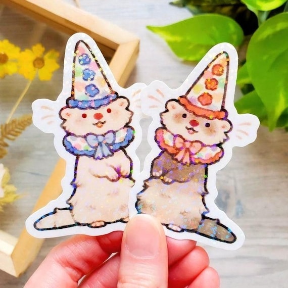 Holographic Clown Ferrets Sticker Set of 2 / Silly Animal Clown Stickers / Cute Waterproof Laptop Animal Stickers / Best Friend Gift