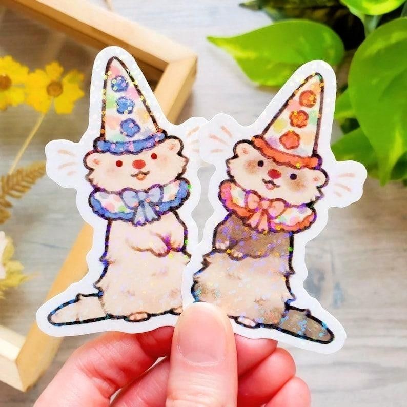 Holographic Clown Ferrets Stickers / Silly Animal Clown Stickers / Cute Waterproof Laptop Animal Stickers / Best Friend Gift Both Ferrets