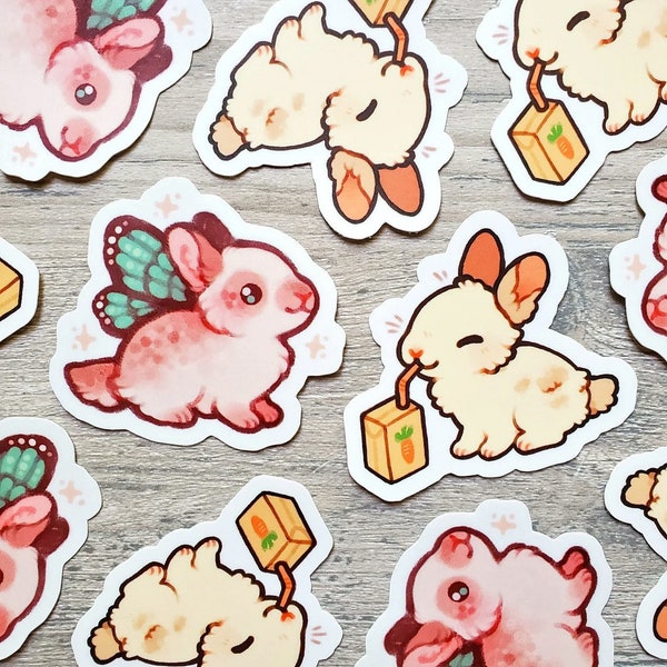 Bunny Sipping Juice and Fairy Bunny Sticker Set of 2 / Rabbit Stickers / Vinyl Stickers / Laptop Stickers / Water Bottle Stickers