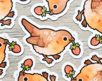 Strawberry Thief Bird Sticker / Cute Animal Sticker / Vinyl Water Bottle Laptop Notebook Phone Case Sticker, Bird Watcher Gift