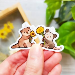 Mini Flower Otter and Possum Sticker Set of 2 / Cute Animal Vinyl Stickers for Water Bottles, Laptops & Notebooks / Best Friend Gift for her image 1