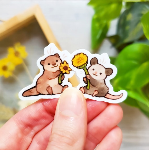 Mini Flower Otter and Possum Sticker Set of 2 / Cute Animal Vinyl Stickers for Water Bottles, Laptops & Notebooks / Best Friend Gift for her