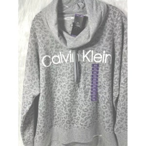 Calvin Klein Womens Pullover Sweatshirt Gray Leopard Spell Out Cowl Neck XXL New