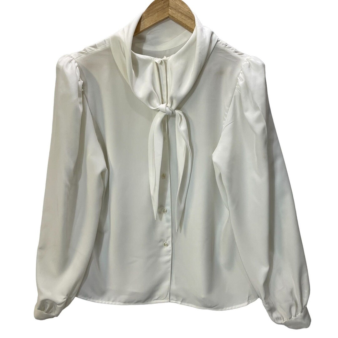 Women Bowtie Neck Silk Blouse Puff Long Sleeve Solid White Tops