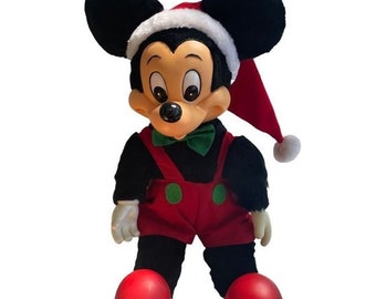 Vintage Disney Mickey Mouse Christmas Stuffed Plush Toy Red Green Outfit Hat