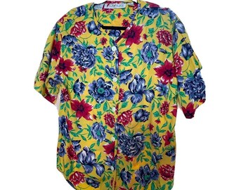 Chaus Womens Button Front Shirt Multicolor Yellow Floral Short Sleeve Top Medium