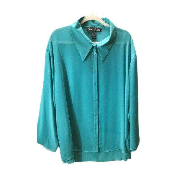 Susan Lucci Women Buttoned Top Long Sleeves Collared Blouse Blue 2X