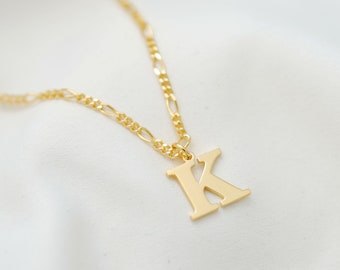 Sterling Silver Figaro Chain Initial Necklace: Modern Block Font