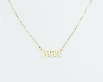 Custom Gold Birth Year Necklace: Personalized Name Option, Perfect for Her or Bridesmaid Gifts, Featuring Old English Number Design