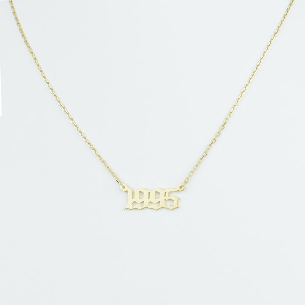 Custom Gold Birth Year Necklace: Personalized Name Option, Perfect for Her or Bridesmaid Gifts, Featuring Old English Number Design