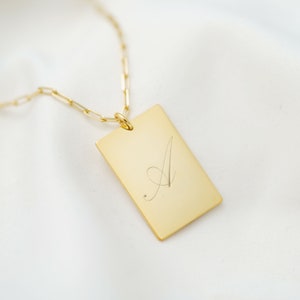 Rectangle Initial Gold Bar Charm Necklace with Long Link Chain - Custom Script Letter Initial Engraving Necklace for her