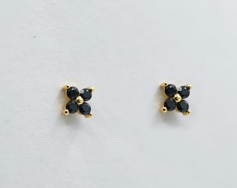 Black Four Leaf Clover Stud Earrings - Black CZ Four Leaf Clover Earrings - Black Spinel Studs  - Butterfly Back - Four Petal Earring (Pair)