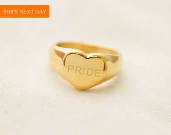 Pride Engraved Heart Gold Signet Ring by JWLGANG, Pride & LBGTQ, Minimalist Jewelry, Stackable, WATERPROOF, Tarnish Free, Hypoallergenic