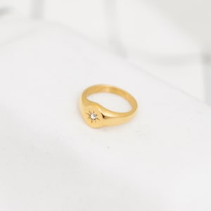 Gold North Star Signet Ring: Cubic Zirconia Solitaire