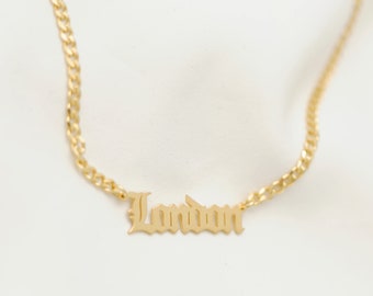 Name Necklace, Number, Year, Thick Curb Chain, Cuban Necklace Gold, Old English Letter Number Name Necklace, Custom Necklace - Gift For Her,