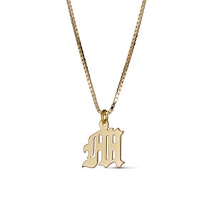 Single Initial Old English Necklace: 18K Gold Filled Pendant with Box Chain, Personalized Gothic Style Gift for Her image 1