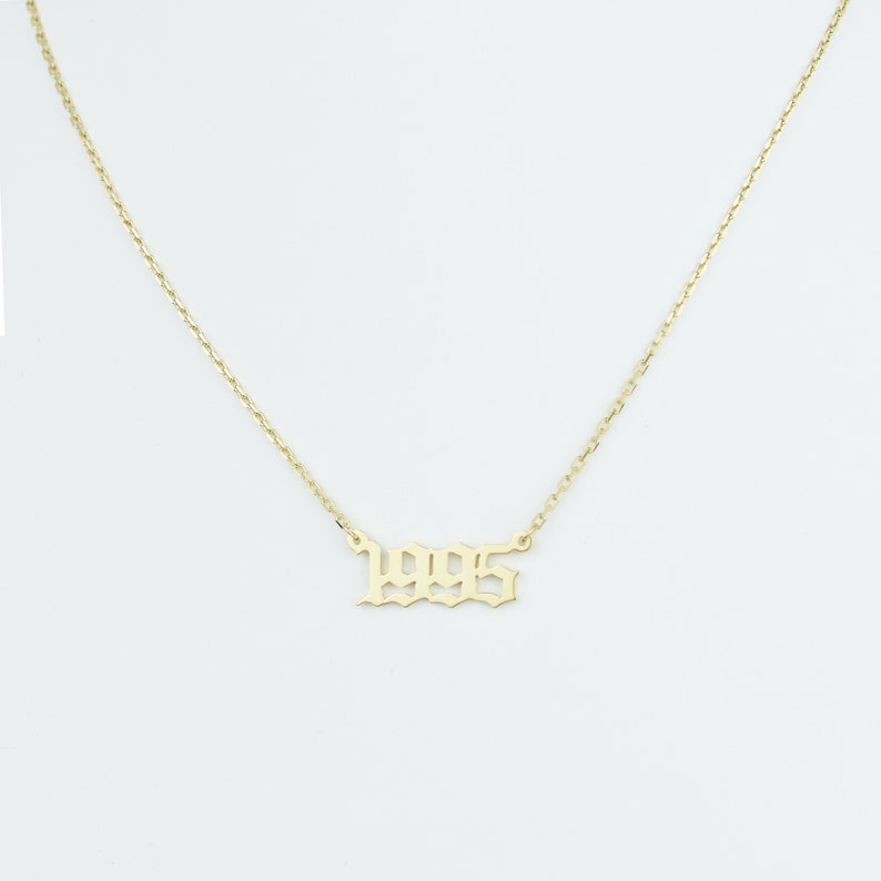 Custom Gold Birth Year Necklace: Personalized Name Option, Perfect for Her or Bridesmaid Gifts, Featuring Old English Number Design image 1