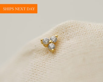 Three Stone Triangle Stud, Gold Minimalist Earrings, Tiny Stud Earrings, Gold Filled, Dainty Stud Earrings by JWLGANG - USA