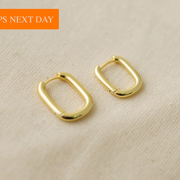 Gold Oblong Chunky Rectangle Earring, Rectangle or Oval Shape Earrings, Minimalist Hoop Earrings, Gold, Sterling Silver Earrings