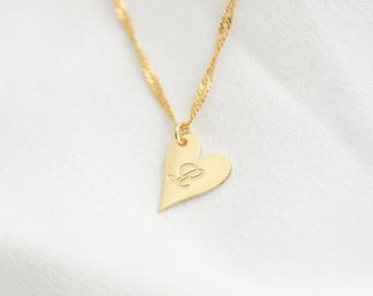 Gold Tiny Heart Pendant Initial Necklace: Ideal Mom Gift - Engraved Heart Letter Necklace - Dainty Initial Tag on Twist Singapore Chain