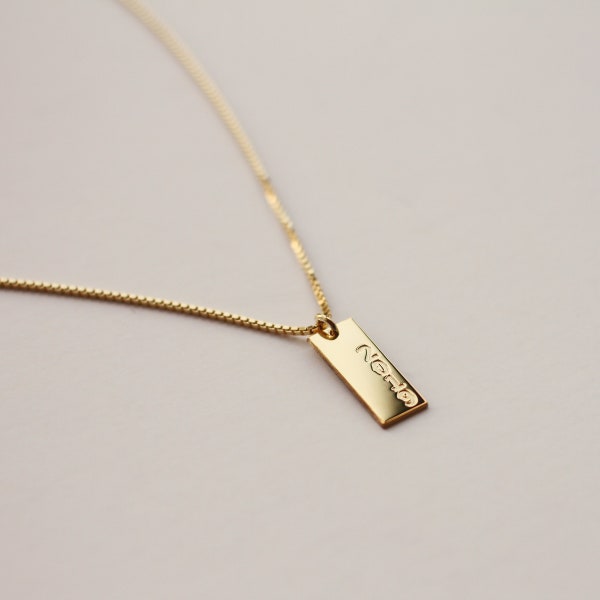Engraved Necklace, Engrave Letter Number Bar Necklace with Box Chain, Name Bar Necklace, Gift For Her, Custom Necklace, Gold or Silver