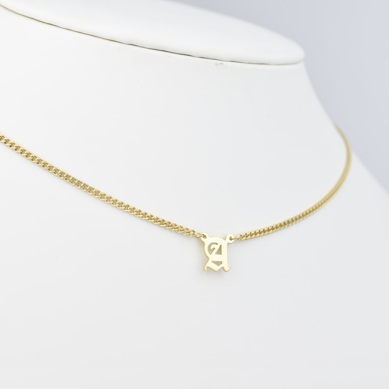 Gold Old English Letter Initial Necklace: Personalized Name Jewelry, Perfect for Her, Bridesmaids, or Mom, Featuring Curb Chain Design image 2