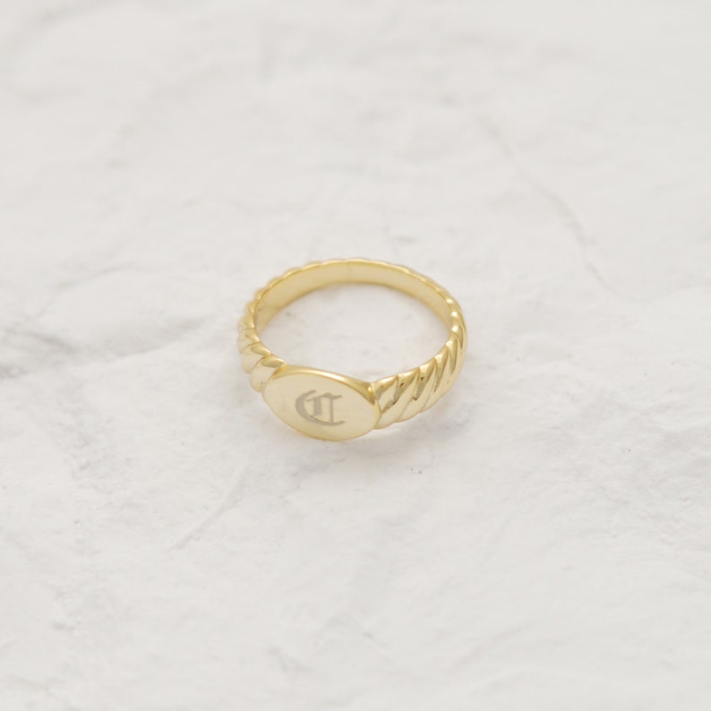 Croissant Signet Ring, Engraved signet ring, Twist Band Signet Ring, Gold Pinky Signet Ring, 18K Gold Filled, Handmade in USA image 3