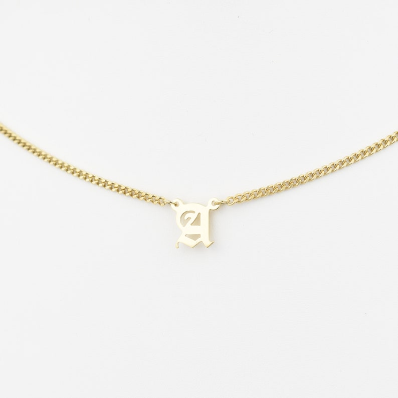 Gold Old English Letter Initial Necklace: Personalized Name Jewelry, Perfect for Her, Bridesmaids, or Mom, Featuring Curb Chain Design image 1