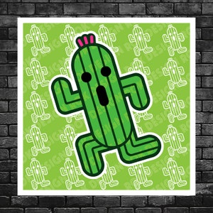 Puede incluir: Un personaje de cactus verde con una flor rosa en la parte superior, corriendo y sonriendo. El fondo es un patrón verde del mismo personaje de cactus.