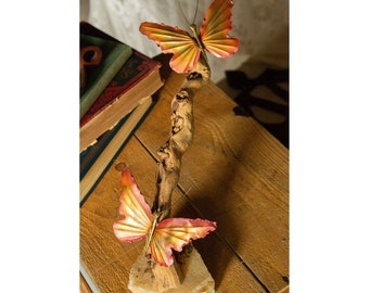 Vintage Butterfly Sculpture | Brass Butterflies, Driftwood, Quartz | 70s Decor