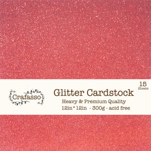 May include: A pack of 15 sheets of red glitter cardstock. The cardstock is 12 inches by 12 inches and weighs 300 grams per sheet. It is acid free and of heavy and premium quality. The cardstock is made by Crafasso.