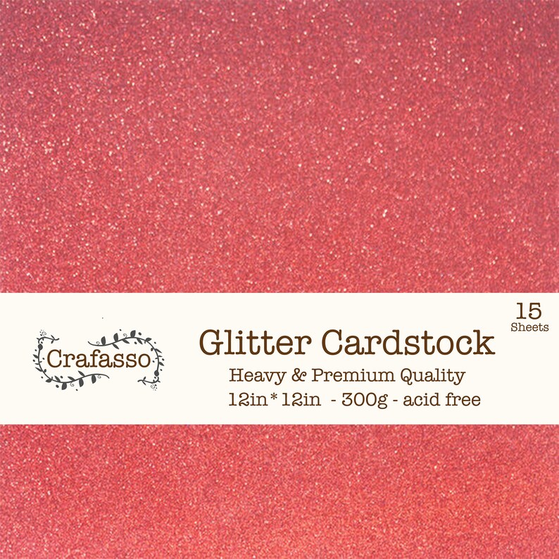 May include: A pack of 15 sheets of red glitter cardstock. The cardstock is 12 inches by 12 inches and weighs 300 grams per sheet. It is acid free and of heavy and premium quality. The cardstock is made by Crafasso.