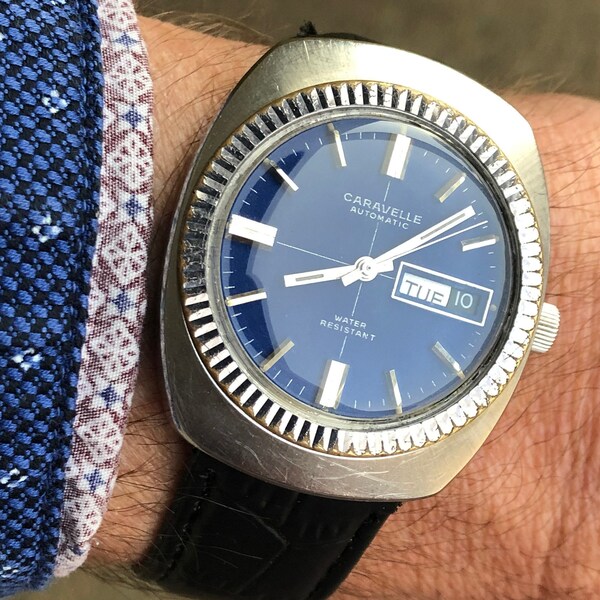 Groovy 1971 Caravelle Day/Date with Blue Dial in Stainless Steel and Chrome