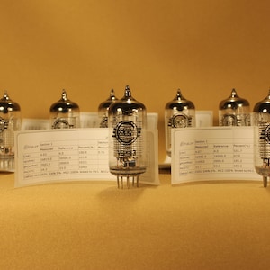 May include: Several vacuum tubes with silver caps and transparent glass casings. Each tube is labelled with "EK83" and a circular emblem. White cards with printed data are positioned in front of the tubes.