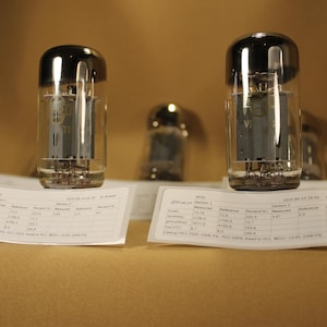 Pode incluir: Várias válvulas de vácuo com tampas pretas e corpos de vidro transparente são exibidas. Cada válvula está sobre um papel branco com dados impressos. O fundo é de um tom quente e neutro.