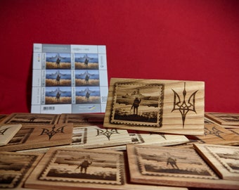 2pcs Wooden magnets  with the theme of the popular Ukrainian postage stamp "Russian warship go fuck yourself" 90x50 mm.Ash Tree.UA Trident.