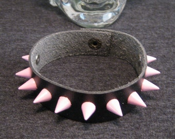 Leather Wristband with Pink Studs