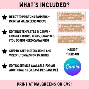 May include: A digital product listing featuring three 2x6 inch banner templates with pink bows and cherry graphics. The text reads Happy 10th Birthday JAIME. Includes Canva templates, printing instructions, and video tutorials for customization.