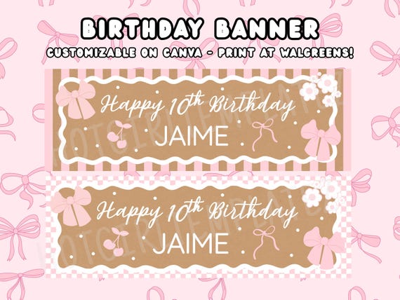 Coquette Birthday Banner Pink Bow Editable Party Decor Printable Sign - Print at Walgreens!