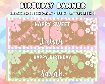 Girl Birthday Banner Sweet 16 Party Banner Pink Purple Green Custom Printable Sign Editable Birthday Decoration - Print at Walgreens!