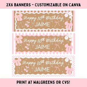 May include: Three rectangular banners with brown backgrounds, white polka dots, pink bows, cherry illustrations, and white floral accents. Each banner features the text Happy 10th Birthday JAIME in white script and block lettering for customization.