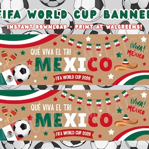 May include: A rectangular banner featuring the text "QUÉ VIVA EL TRI MEXICO" and "FIFA WORLD CUP 2026" in red, green, and white. The design includes illustrations of a soccer ball, maracas, a sombrero, and a string of Mexican flag bunting.