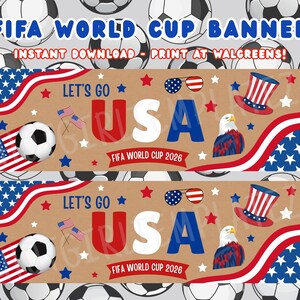 May include: A rectangular banner design featuring the text LET'S GO USA and FIFA WORLD CUP 2026. The graphic includes a soccer ball, a bald eagle, a top hat with stars and stripes, sunglasses, and American flags against a tan background.