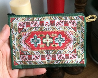 Petit porte monnaie vert rouge bourse / portefeuille en kilim tissé artisanat turc / pochette pour cartes / vintage boho  chic / fait main